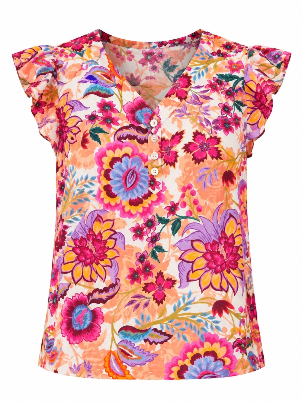 Liverpool Orange Multi Floral Flutter Sleeve V-Neck Top